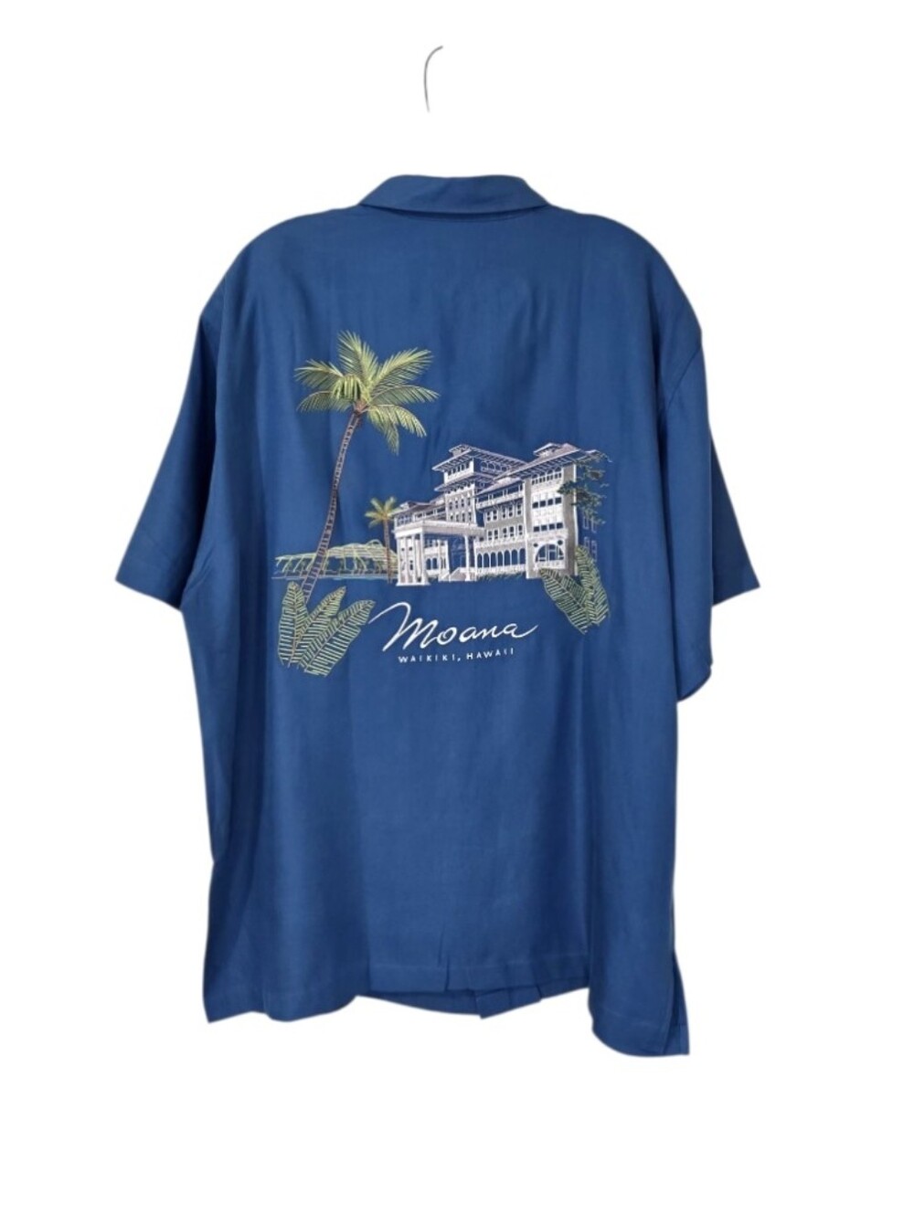 Tori Richards Moana Camp Shirt Ocean Blue Embroidered Silk Men's XL Resortwear